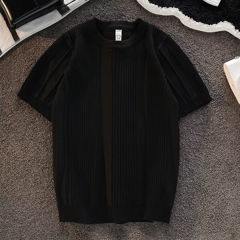 Men's Clothing Pure White Jacquard Short Sleeved Sweater For Men Thin Bottoming Shirt For Men's Trendy Half Sleeved Knitted Sweater_viptrois.com