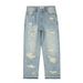 Men's Clothing High Street Hip Hop Vibe Washed Blue Ripped Cat Whisker Street Summer Straight Pants Loose Men's Paris Jeans_viptrois.com