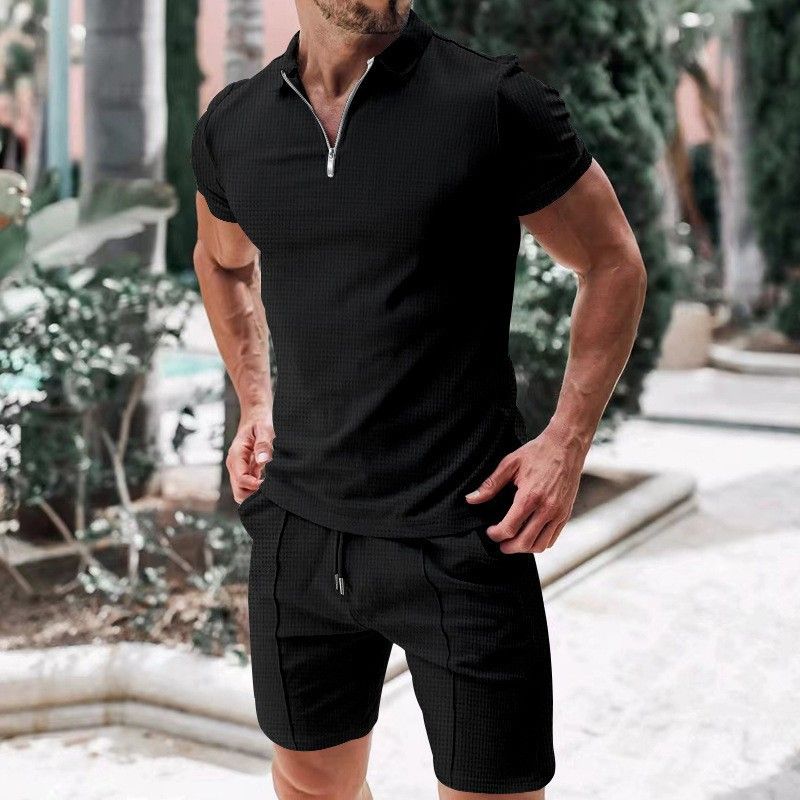 Waffle Lapel Polo Shirt Suit New Short Sleeved Shorts Casual Suit Summer Solid Color Loose T Shirt_viptrois.com