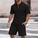 Men's Clothing Solid Jacquard Short Sleeve Shirt & Shorts Set - Breathable Casual Outfit For Business & Leisure (Blue/Khaki/Grey/Black/White, S-XXXL)_viptrois.com
