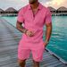 Men's Textured Knit Short Sleeve Shirt With Collar And Drawstring Shorts Set - Solid Color Casual Two Piece Outfit_viptrois.com
