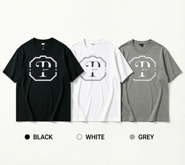 3 Pack Men's Oversized T-Shirts, 100% Cotton Crew Neck Casual Tees, Relaxed Fit Minimal Framed Monogram Print Design, Black White Grey_viptrois.com