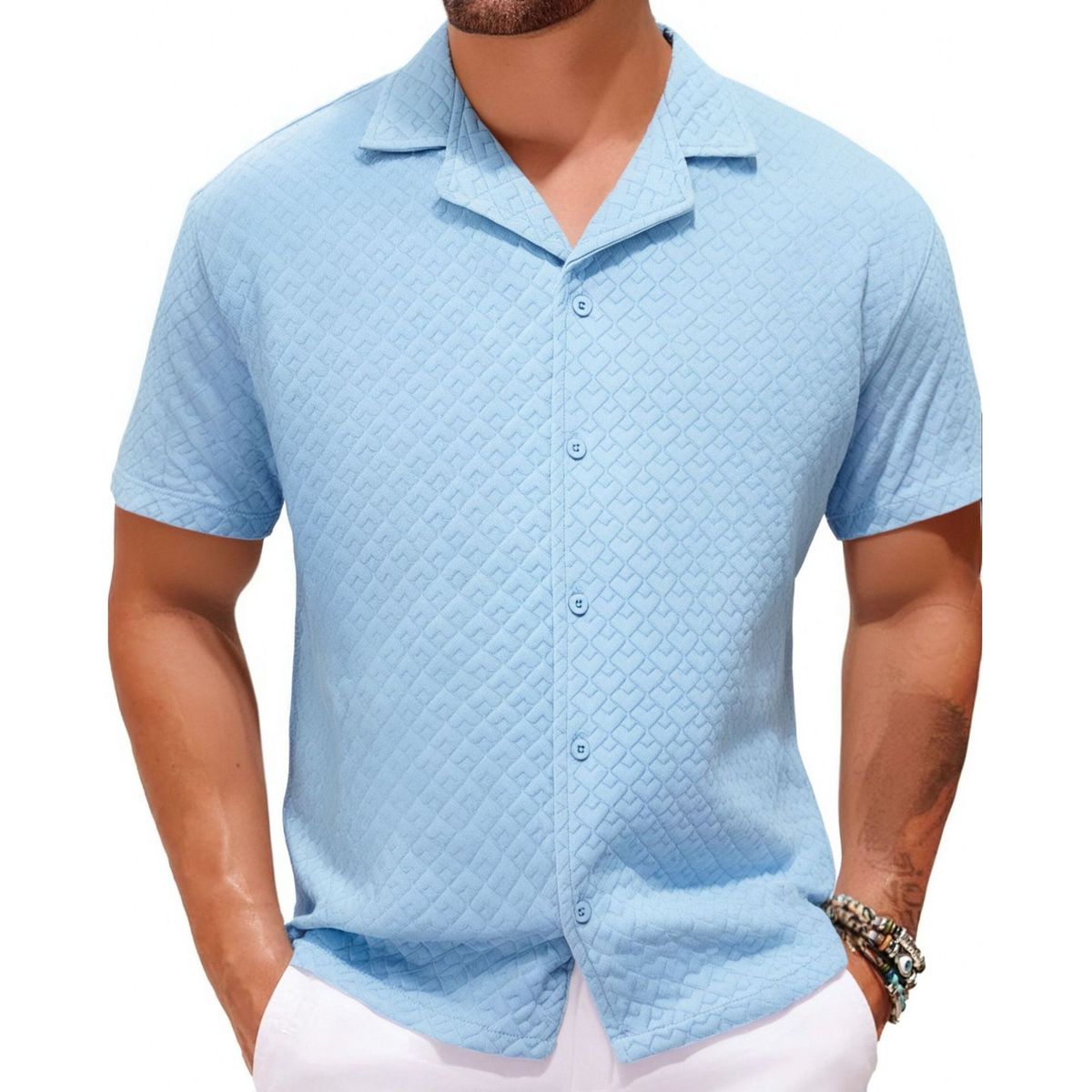 Men's Clothin Summer New Men's Clothing American Casual Short Sleeved Shirt Cuban Collar Button Casual Jacquard Shirt A0302_viptrois.com
