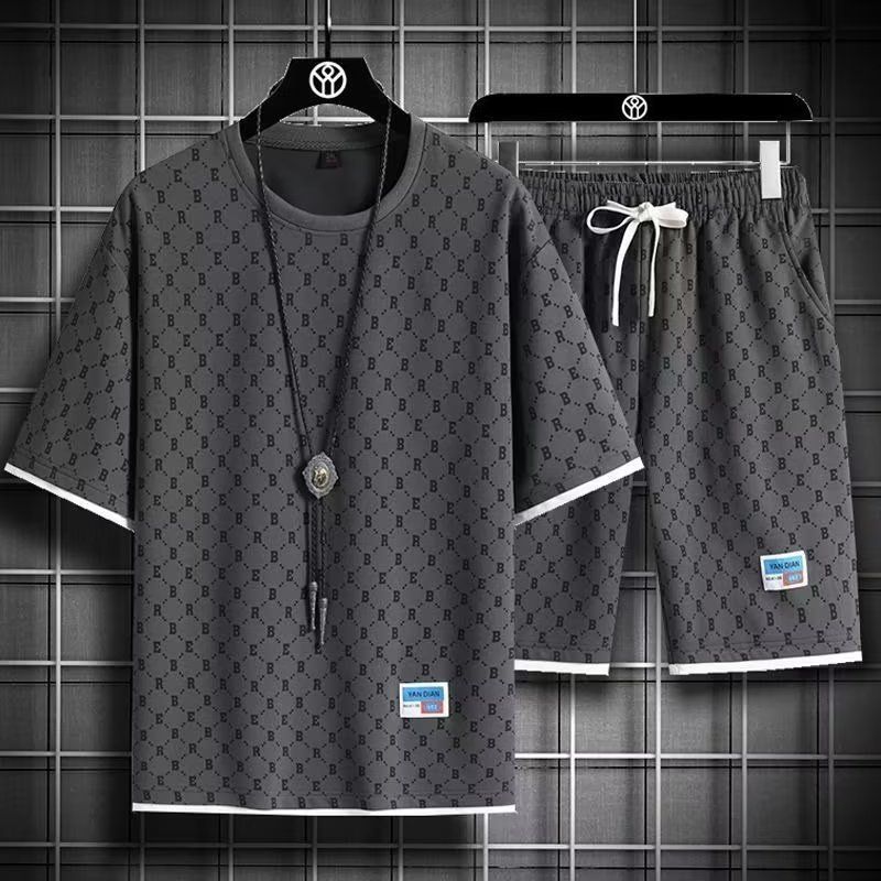 Men's Casual Short Sleeve Shirt & T-Shirt Set - Summer Trendy Loose Fit Printed Sports Outfit - Breathable Polyester (Black/Grey/Apricot/White)_viptrois.com