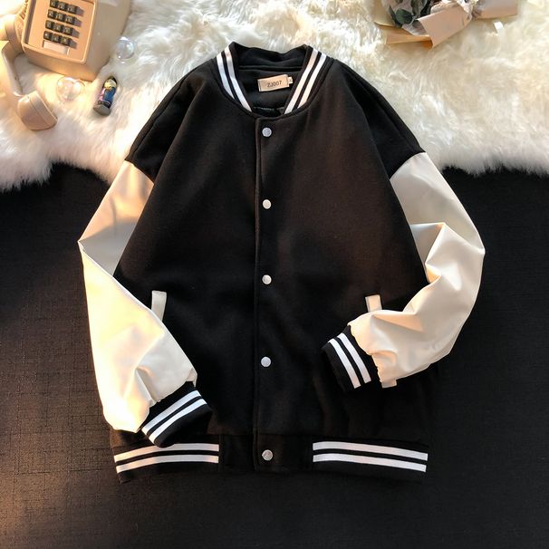 American Retro Baseball Jacket Vintage Black White Patchwork Oversize Coat Spri And Autumn National Trend Men's_viptrois.com
