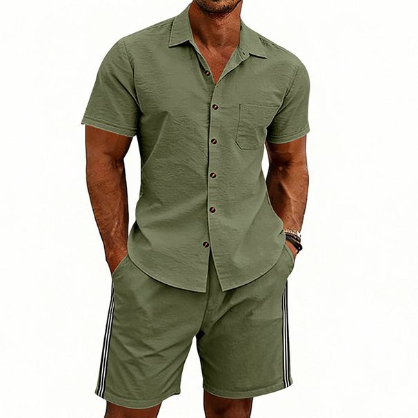 Men's Short Sleeve Linen Blend Shirt & Contrast Trim Shorts Set | Modern Minimalist Summer Casual Outfit_viptrois.com
