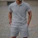 Summer New Men's Jacquard Solid Color Casual Lapel Button Polo Shirt Short Sleeve Shorts Suit_viptrois.com