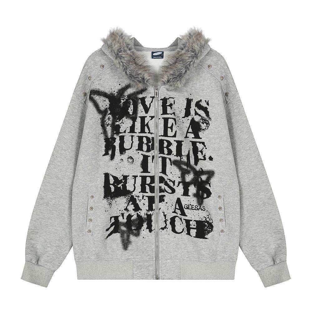 Dark Style High Street Ink Splash Graffiti Letter Hooded Sweatshirt With Fur Collar For Men, Autumn Winter Coat, Niche_viptrois.com