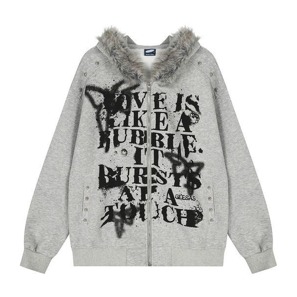 Dark Style High Street Ink Splash Graffiti Letter Hooded Sweatshirt With Fur Collar For Men, Autumn Winter Coat, Niche_viptrois.com