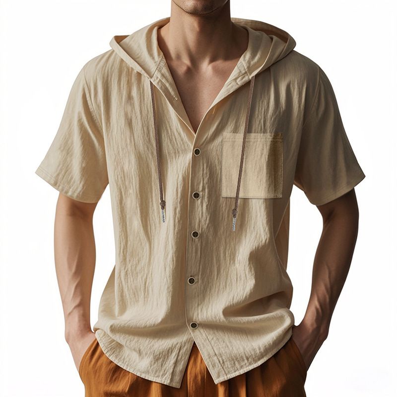 K Men's Casual Short Sleeved Shirt With Drawstring Button Pocket Cardigan Shirt And Loose Beach T-shirt_viptrois.com