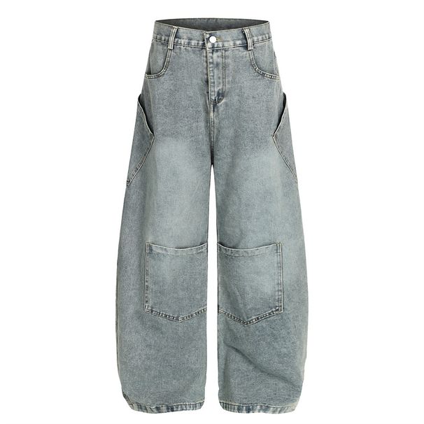 Distressed Washed Punk Workwear Denim Scimitar Pants Men's Loose Personality Multi-Pocket Design Oversized Wide-Leg_viptrois.com
