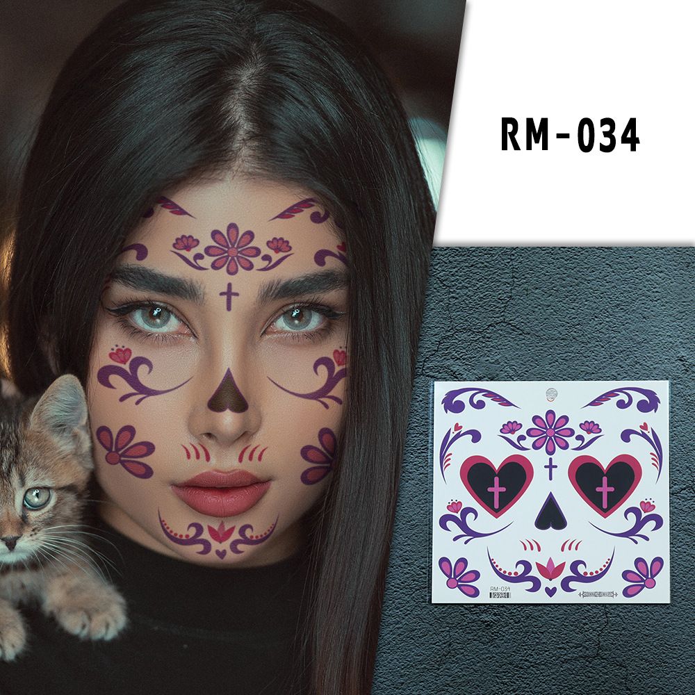 Halloween Face Tattoo Flowers Day of the Dead tattoo stickers Party makeup face stickers_viptrois.com