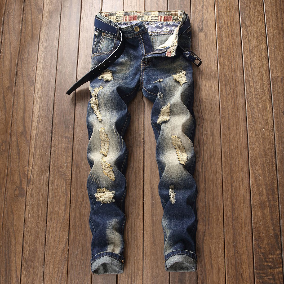 Men's Clothing Nostalgic Jeans Fashion Washed Youth High Street Ripped Trendy Denim Trousers_viptrois.com