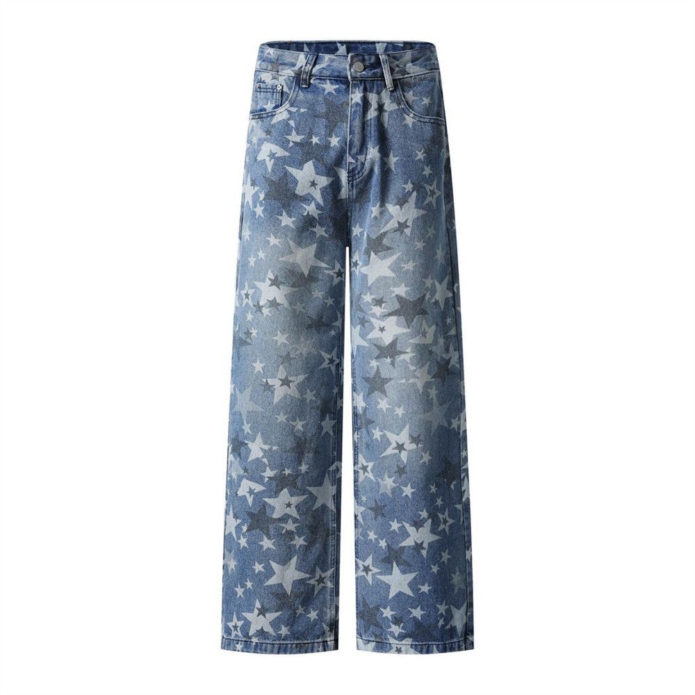 Full Print Five-Pointed Star Faded Washed Denim Straight-Leg Men's High Street Trendy Vibe Distressed Ripped Wide-Leg_viptrois.com