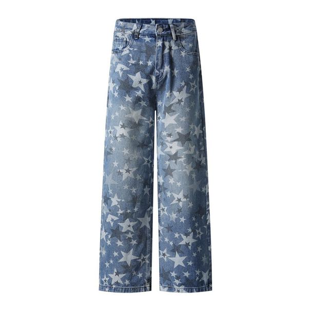 Full Print Five-Pointed Star Faded Washed Denim Straight-Leg Men's High Street Trendy Vibe Distressed Ripped Wide-Leg_viptrois.com