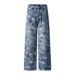Full Print Five-Pointed Star Faded Washed Denim Straight-Leg Men's High Street Trendy Vibe Distressed Ripped Wide-Leg_viptrois.com