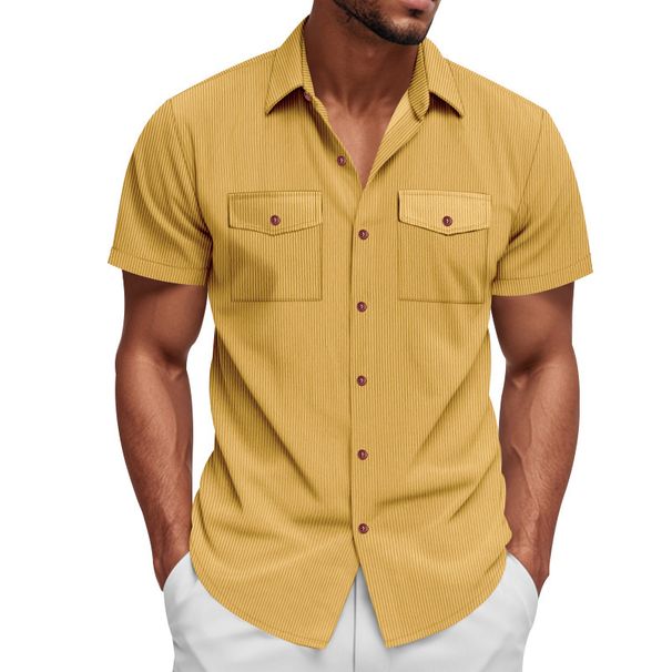 Men's Clothing Summer Short Sleeved Shirt Casual Loose Khaki Corduroy Workwear Heavy T Shirt_viptrois.com