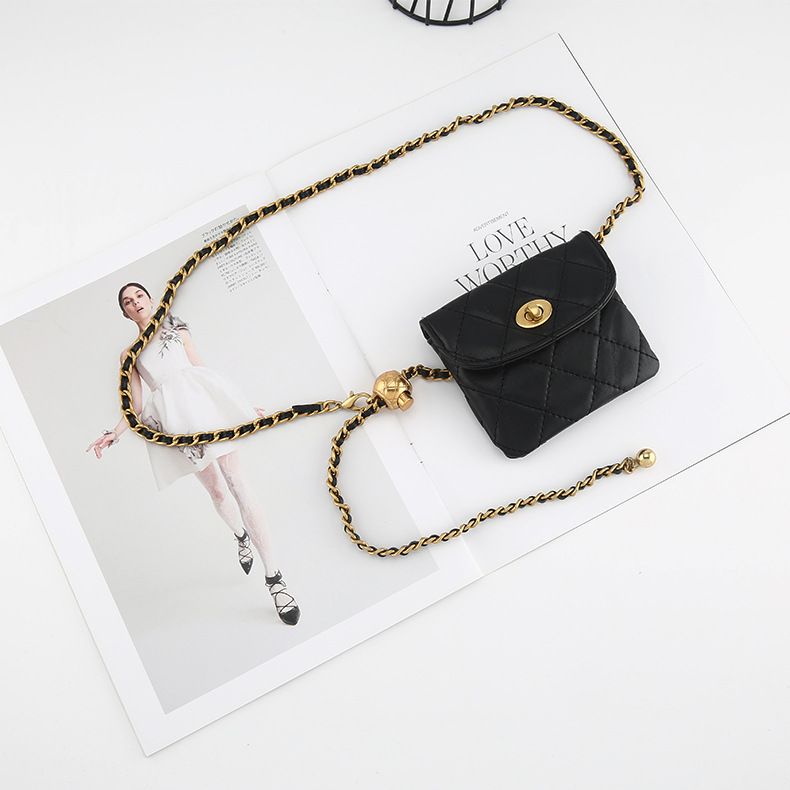 Small golden ball waist chain bag Women's diamond belt bag ins mini lightweight chain crossbody bag_viptrois.com