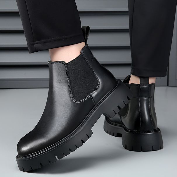European Warm Series 2025 Korean Version British Style Men's Casual High-top Shoes Business Simple Leather Martin Slip-on Short Boots_viptrois.com