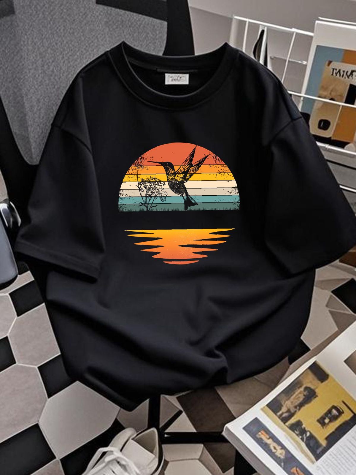 Hummingbird Vintage Retro Hummingbirds T-Shirt Stretched Soft Top For Everyday Wear Stylish Comfortable Graphic Streetwear Unisex Homme Breathable_viptrois.com