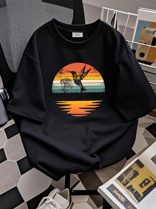 Hummingbird Vintage Retro Hummingbirds T-Shirt Stretched Soft Top For Everyday Wear Stylish Comfortable Graphic Streetwear Unisex Homme Breathable_viptrois.com