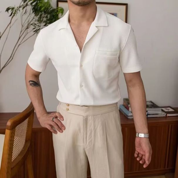 Summer Linen Short Sleeved Shirt, Beach Vacation Style, Breathable Solid Color Shirt, Retro Loose Top, Trendy_viptrois.com