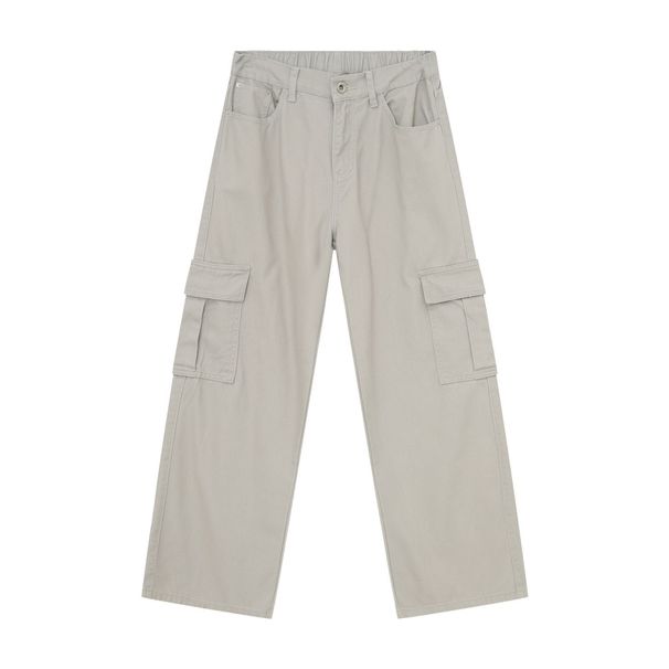 EF JEANS | 2024 New Vintage Simple Large Pocket Color Semi-elastic Waist Overalls Light Grey Jeans_viptrois.com