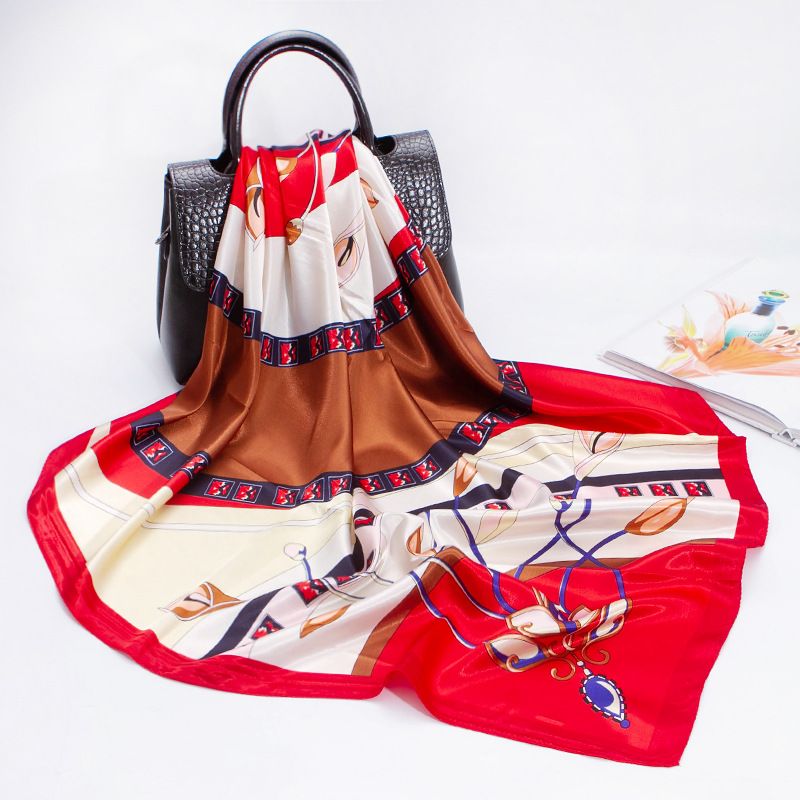 Silk Scarf Women's Spring/Summer Silk Printed Flight Attendant Scarf 90x90cm Large Square Scarf with Hand Gift_viptrois.com