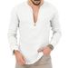 Men's Clothing men's spring and summer large size casual tropical cotton and linen deep v neck solid color large size long sleeved T shirt shirt_viptrois.com