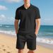 Men's Clothing Loose Summer Burke Collar Waffle Polo Shirt Casual Short Sleeved Shorts Suit_viptrois.com