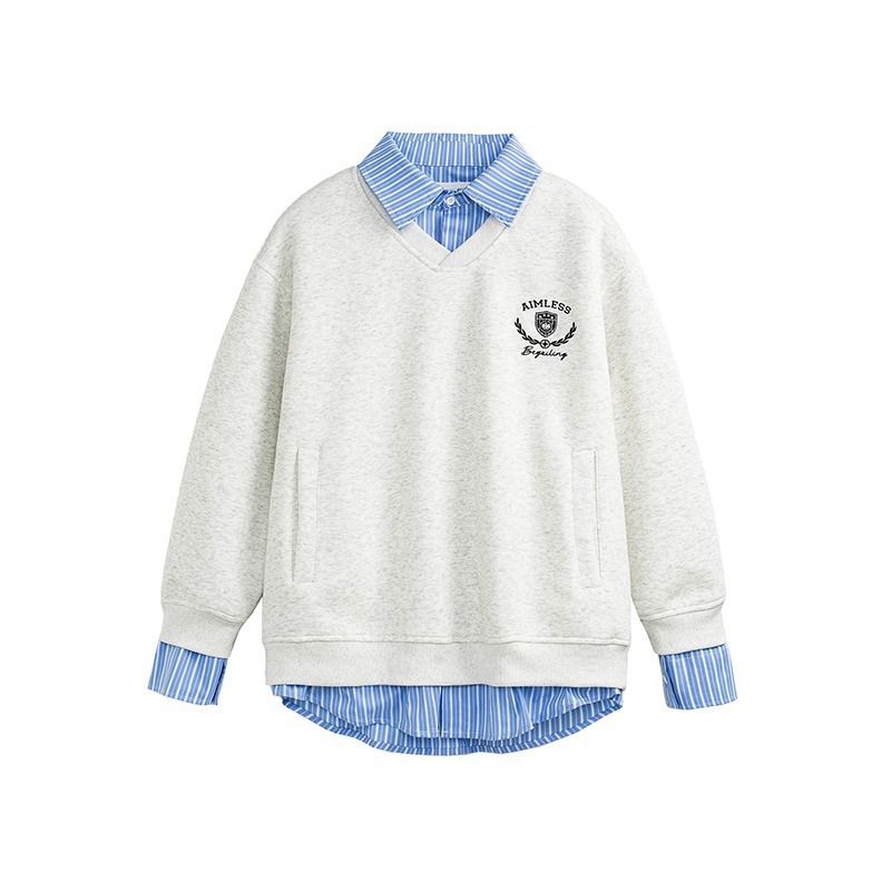 Hip-Hop Oversized College Style Patchwork Shirt-Collar Sweatshirt – Men’s Streetwear Pullover (Layered Mock Two-Piece, M-3XL, Retro Urban Aesthetic)_viptrois.com