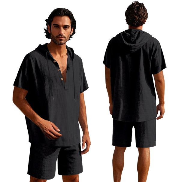 Men's Clothing Linen Hooded Shirt Shorts Set - Loose Fit Summer Beachwear Casual Short Sleeve Outfit_viptrois.com