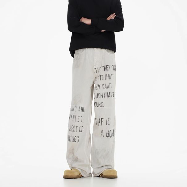 Men's Clothing Niche Design Dirty Dyed Letter Graffiti Print Jeans Men's Loose Straight All Match Long Pants_viptrois.com