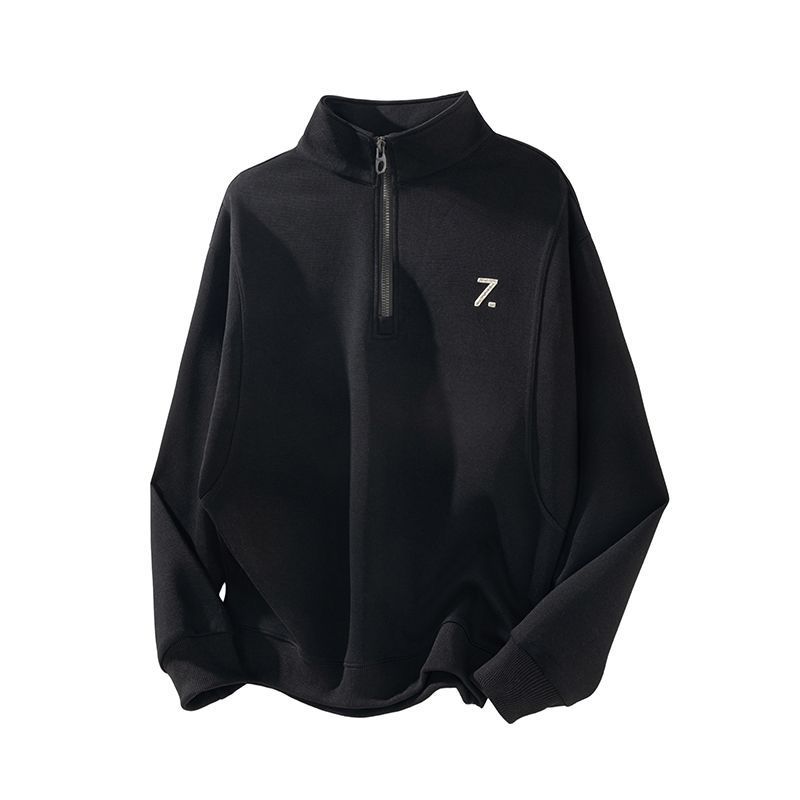 Heavyweight Half-Zip Sweatshirt For Men – Oversized Pullover With Stand Collar, Streetwear Essential In Dark Gray & Apricot_viptrois.com