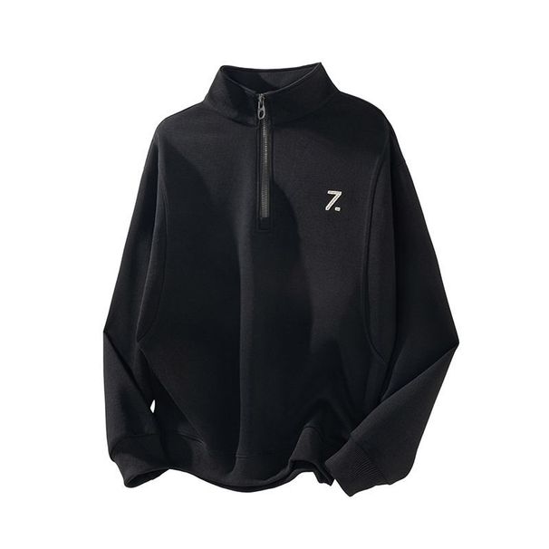 Heavyweight Half-Zip Sweatshirt For Men – Oversized Pullover With Stand Collar, Streetwear Essential In Dark Gray & Apricot_viptrois.com