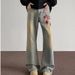 Men's Vintage Washed Yellow Mud Jeans With Red Embroidery & Meteor Hammer Design – Retro High Street Straight-Leg Bootcut Pants (S-3XL)_viptrois.com