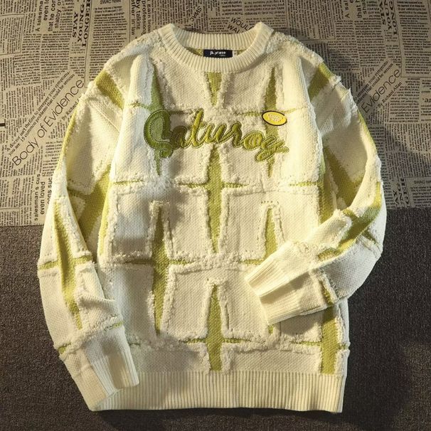 Loose Round Neck Autumn And Winter New Style American Star Embroidery Letter Casual Knit Sweater Men's Coat_viptrois.com