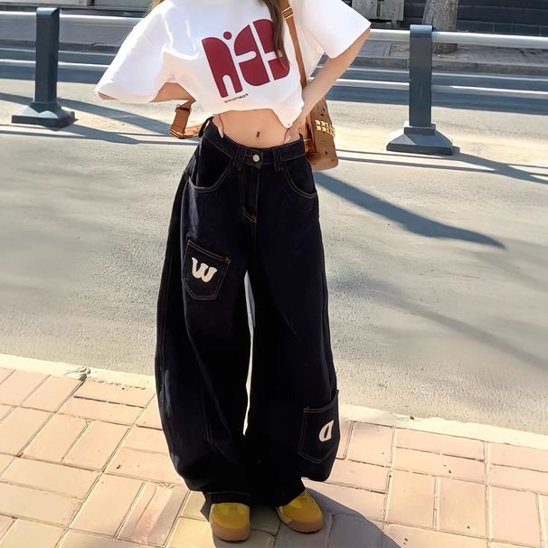 Men's Clothing High Street Retro Denim High Grade Scimitar Jeans For Women Trendy Loose Letter Print Wide Leg Pants_viptrois.com