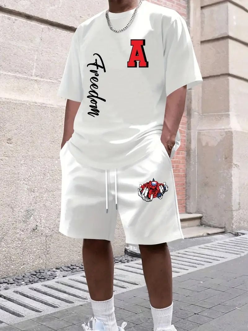 Men's Clothing Retro Letter Printing Round Neck T Shirt Short Sleeve Loose Casual Short Sleeve Suit_viptrois.com