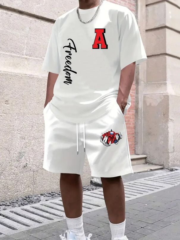 Men's Clothing Retro Letter Printing Round Neck T Shirt Short Sleeve Loose Casual Short Sleeve Suit_viptrois.com