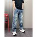 Men's Vintage Washed Denim Pants, Gradient Straight-Leg Jeans With Unique Curved Hem Design For Casual Wear_viptrois.com