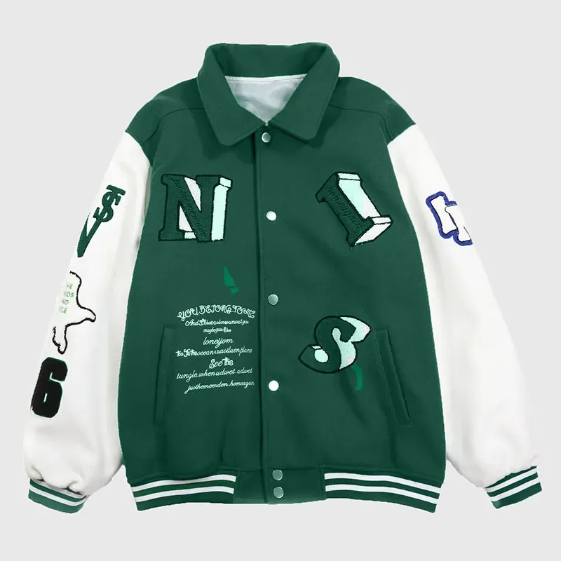 Men's Patchwork Jacket: Flocked Skeleton Varsity Bomber - Cool Male Jackets, Loose Fit College Coat, Blue Hip Hop_viptrois.com