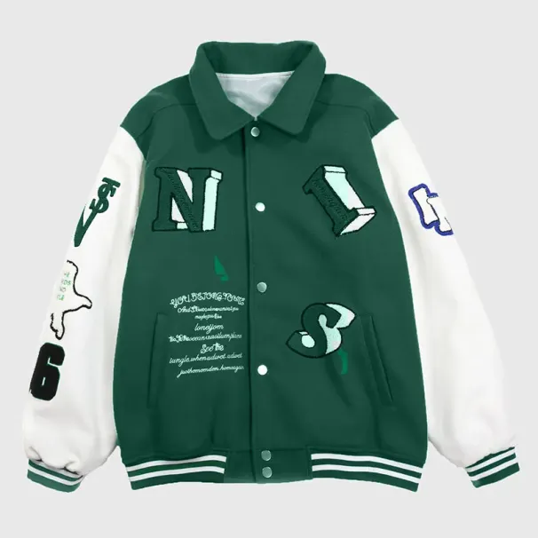 Men's Patchwork Jacket: Flocked Skeleton Varsity Bomber - Cool Male Jackets, Loose Fit College Coat, Blue Hip Hop_viptrois.com