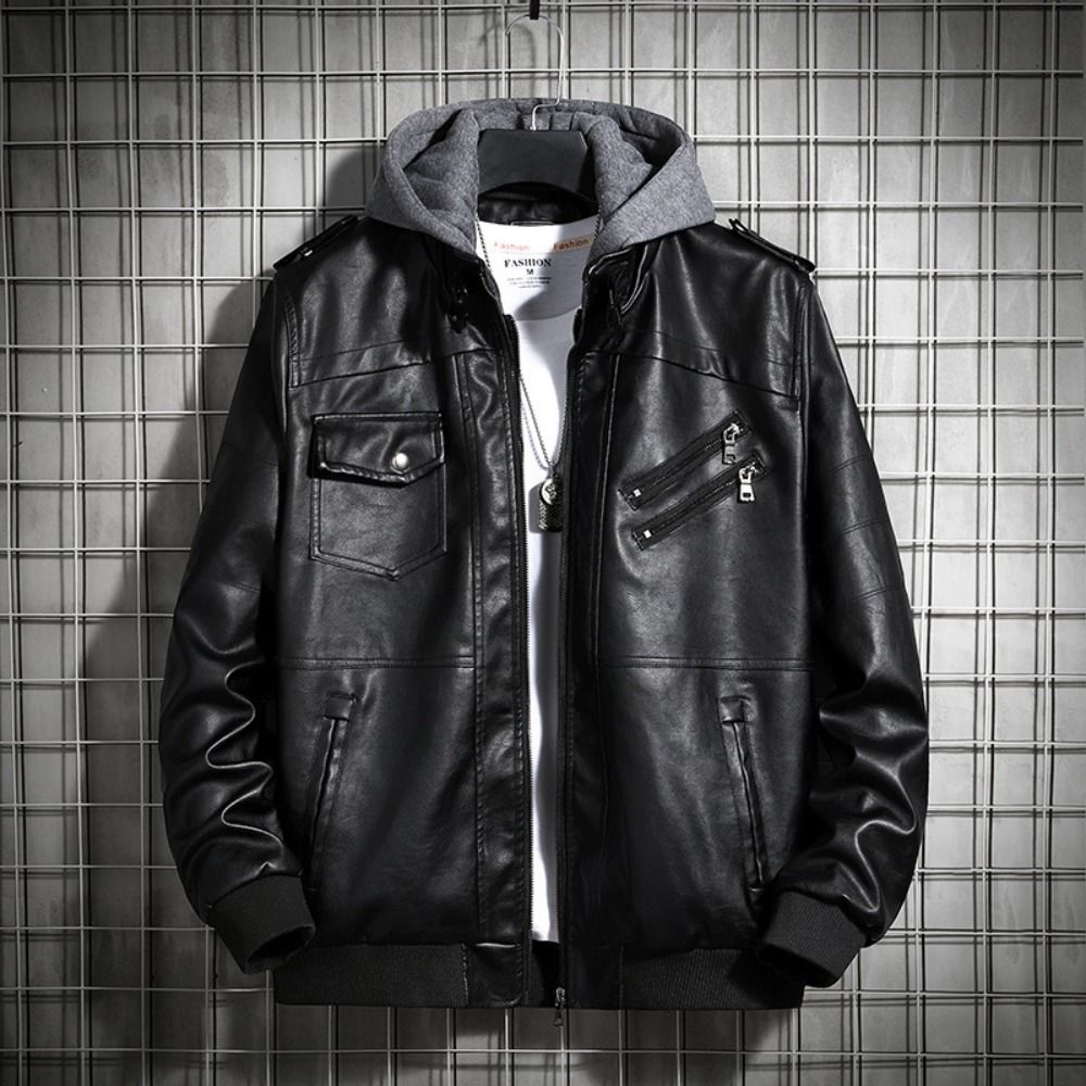 Men's Leather Hooded Jacket, PU Leather Winter Coat, Teen Jackets, Men's Leather Motorcycle Coat, Harajuku_viptrois.com