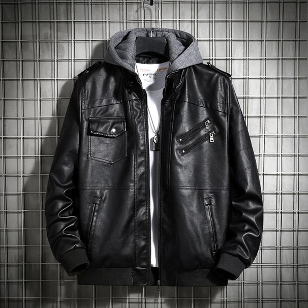 Men's Leather Hooded Jacket, PU Leather Winter Coat, Teen Jackets, Men's Leather Motorcycle Coat, Harajuku_viptrois.com