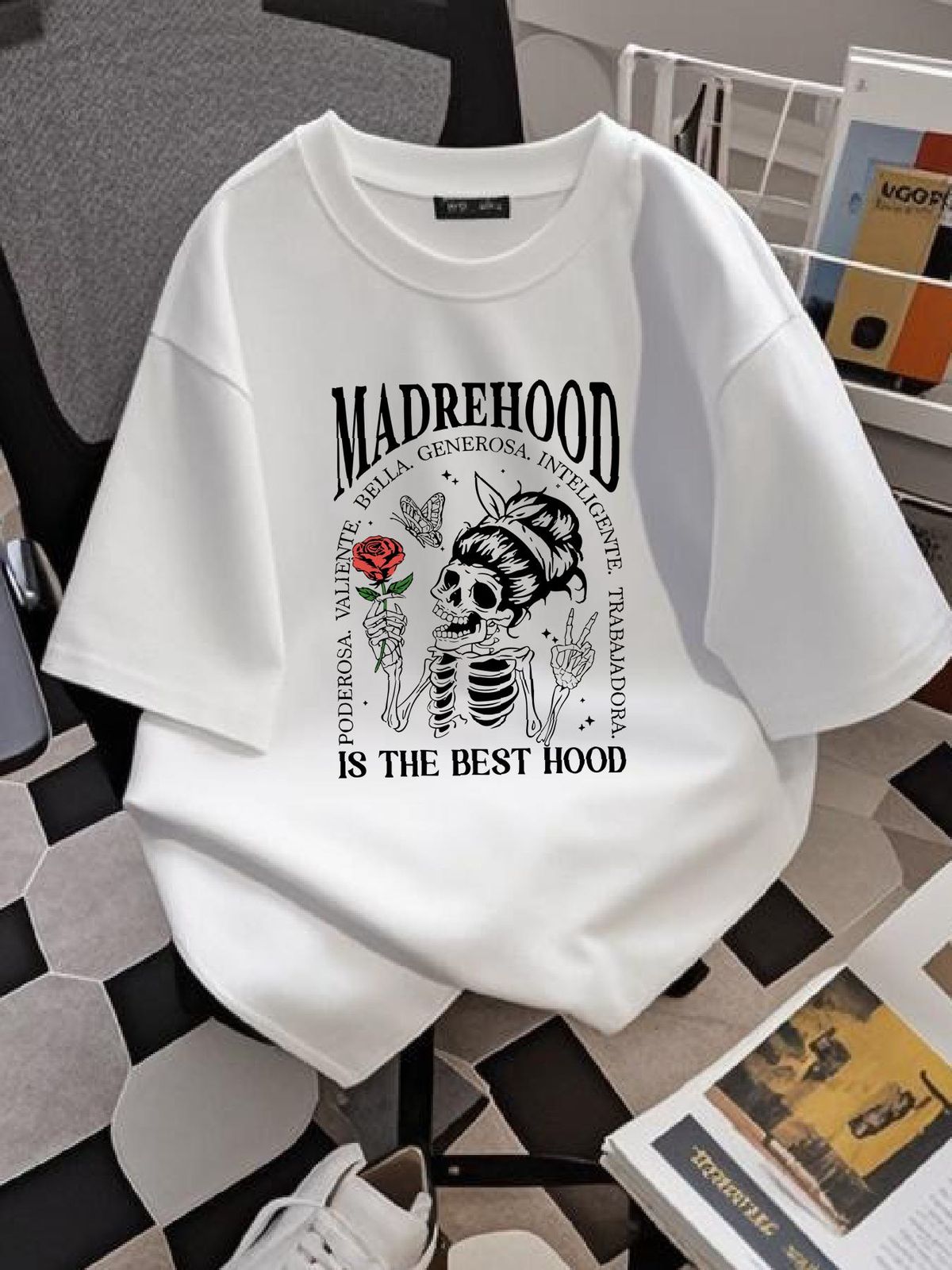 Skeleton Madrehood T Shirt Mexican Mom Mama Mothers Day GifT Skull With Headband Floral Rose Latina Graphic Casual Slightly Streetwear Unisex_viptrois.com
