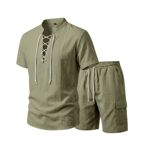 Men's Linen Wash Workwear Set Wash And Wrinkle Resistant Lace Up Casual Two Piece Set Summer Stand Up Collar Short Sleeved_viptrois.com