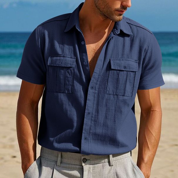 Men's Summer American Loose Beach Breathable Casual Linen Multi Pocket Buttoned Workwear Short Sleeved Shirt_viptrois.com
