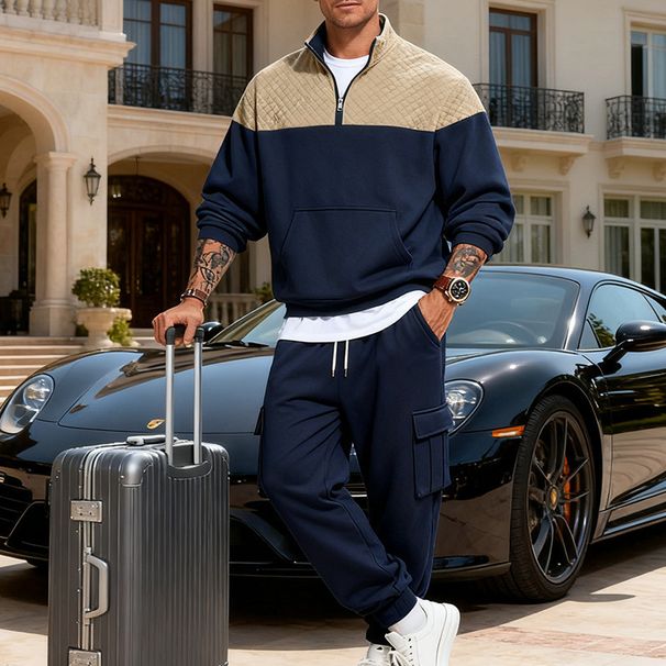 Men's Winter Suit Casual Simple Style Color Blocked Loose Workwear Stand Collar Sweatshirt And Sweatpants Set_viptrois.com