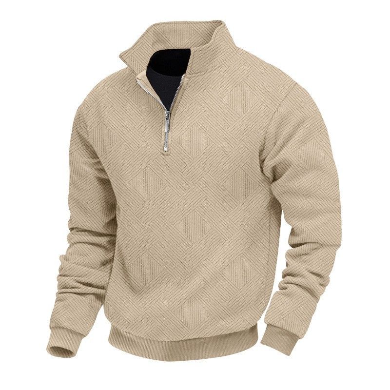 Men's Heavyweight Jacquard Long Sleeve Collared Zipper Sweatshirt Casual Loose Fit Autumn/Winter American Retro Style_viptrois.com